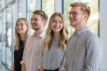 Group of happy young business people standing in a row and smiling.