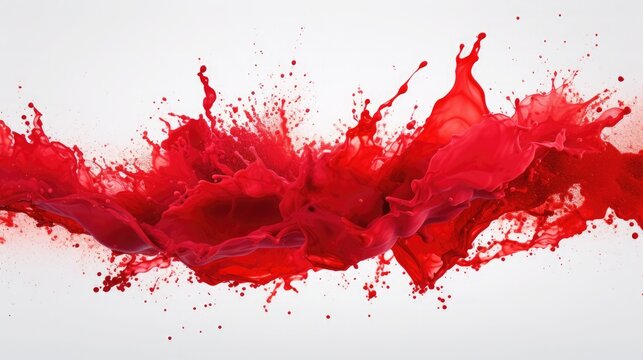 Dynamic red splash of liquid paint isolated on a white background, creating an abstract and vibrant visual effect.