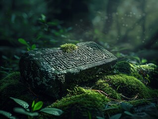 Sticker - Mysterious carved stone in lush forest