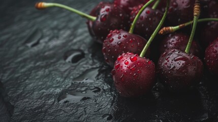 Canvas Print - Ripe cherries with water droplets on a dark background