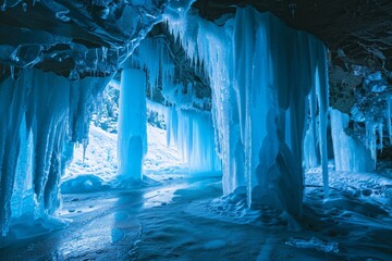 Poster - Frozen cave with icicles and snow