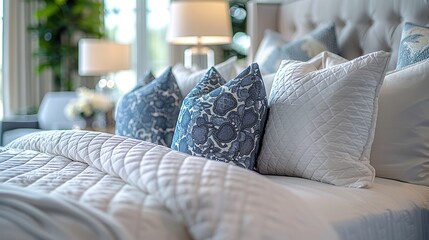 Detailed view of a bedroom with a quilted bedspread and decorative pillows.