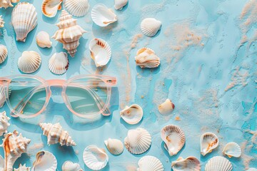 Wall Mural - Transparent sunglasses and seashells on sandy beach. Minimal summer creative concept