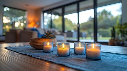 Wall Mural - Detailed view of a dining area with a table runner and a set of candles.