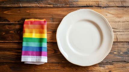 Sticker - Colorful kitchen towel and white plate on wooden table