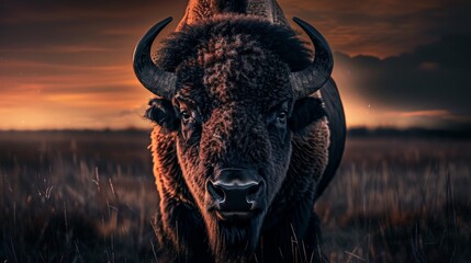 Wall Mural - Powerful bison in the wilderness at sunset