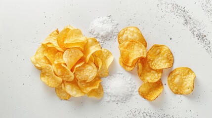 Wall Mural - Photo of a flat lay composition with potato chips and salt on a white background, in a top view.