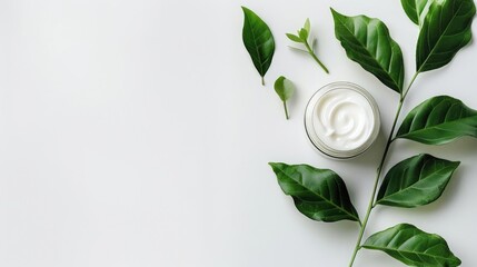 Wall Mural - Photo of a jar with face cream and green leaf on a white background, in a flat lay style. 
