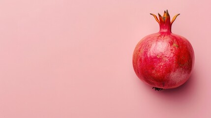 Wall Mural - Photo of a pomegranate on a pink background, shown from above with blank space for copy,