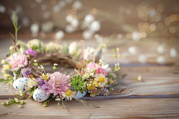 Wall Mural - Colorful spring floral wreath on wooden table