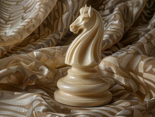 Wall Mural - Carved wooden chess piece on patterned fabric