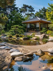 Poster - Tranquil japanese garden with pagoda and pond