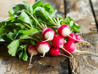 Wall Mural - Fresh organic radishes with green leaves on rustic wooden background