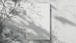 © sornram - Empty white vertical rectangle poster mockup with soft hawthorn leaves shadows on neutral light grey concrete wall background Flat lay, top view 3D illustration