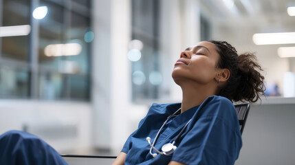 tired healthcare worker in blue scrubs - a healthcare professional takes a rest in a chair, portrayi