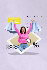 Poster - Vertical composite artwork collage image picture of mini girl shop bags tablet display isolated on creative background