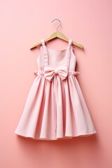 Wall Mural - A pink dress with a bow is hanging on a hanger. The dress is a little girl's size and is pink in color