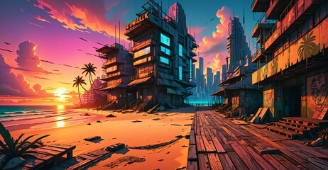 Canvas Print - sci-fi boardwalk beach ocean sunset. cyberpunk lo fi city buildings by sea pier with waves of water on island shoreline urban tropical cityscape summer.