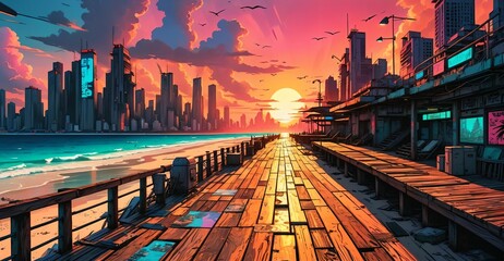 Wall Mural - sci-fi boardwalk beach ocean sunset. cyberpunk lo fi city buildings by sea pier with waves of water on island shoreline urban tropical cityscape summer.