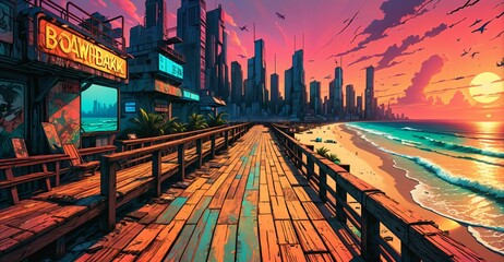 Poster - sci-fi boardwalk beach ocean sunset. cyberpunk lo fi city buildings by sea pier with waves of water on island shoreline urban tropical cityscape summer.