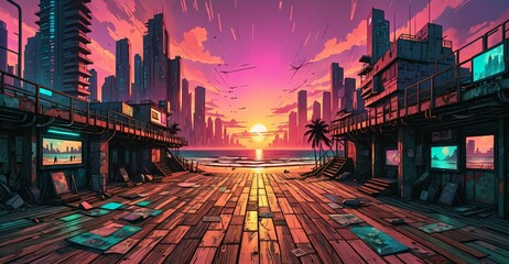 Poster - sci-fi boardwalk beach ocean sunset. cyberpunk lo fi city buildings by sea pier with waves of water on island shoreline urban tropical cityscape summer.