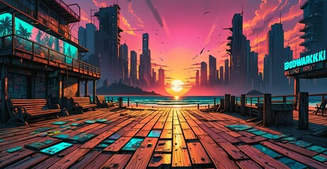 Poster - sci-fi boardwalk beach ocean sunset. cyberpunk lo fi city buildings by sea pier with waves of water on island shoreline urban tropical cityscape summer.