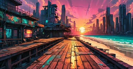 Wall Mural - sci-fi boardwalk beach ocean sunset. cyberpunk lo fi city buildings by sea pier with waves of water on island shoreline urban tropical cityscape summer.