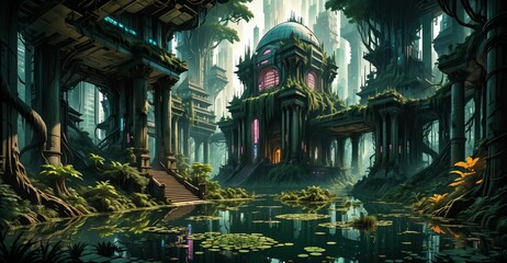 Wall Mural - gothic baroque city palace in woodland forest wetlands. fantasy overgrowth cyberpunk town house castle in marsh swamp river pond lake water.