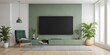 © Sharif54 - Frame mockup, Pastel TV room with green armchair and decoration accessory. 3D render