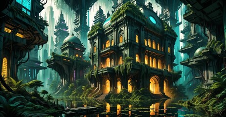 Wall Mural - gothic baroque city palace in woodland forest wetlands. fantasy overgrowth cyberpunk town house castle in marsh swamp river pond lake water.