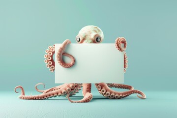 Wall Mural - An octopus is holding a white sign in its mouth