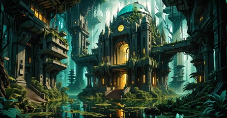 Wall Mural - gothic baroque city palace in woodland forest wetlands. fantasy overgrowth cyberpunk town house castle in marsh swamp river pond lake water.