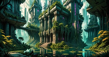 Poster - gothic baroque city palace in woodland forest wetlands. fantasy overgrowth cyberpunk town house castle in marsh swamp river pond lake water.