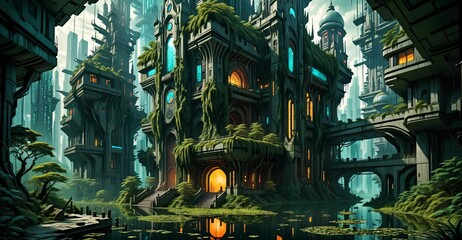 Poster - gothic baroque city palace in woodland forest wetlands. fantasy overgrowth cyberpunk town house castle in marsh swamp river pond lake water.