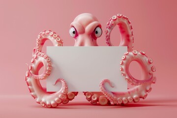 Wall Mural - An octopus is holding a white sign in its mouth