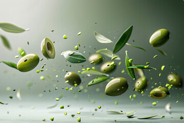 Falling green olives in water