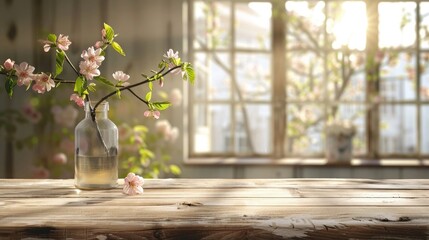 Wall Mural - Spring time and wooden desk in home interior with blurred window