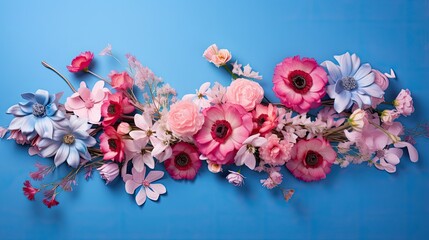 Poster - bouquet pink flowers blue background