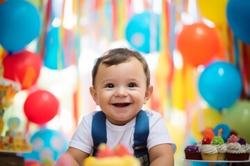 Adorable baby smiling at a colorful birthday party with balloons and cakes in the background.