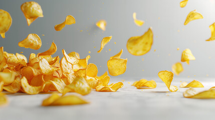 Wall Mural - Natural potato chips isolated. Ridged potato chips isolated on white background with clipping path, collection. Delicious potato chips, isolated on white background. Hot Barbeque Potato Chips. Pile.