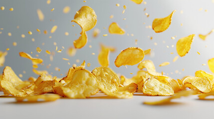 Wall Mural - Natural potato chips isolated. Ridged potato chips isolated on white background with clipping path, collection. Delicious potato chips, isolated on white background. Hot Barbeque Potato Chips. Pile.