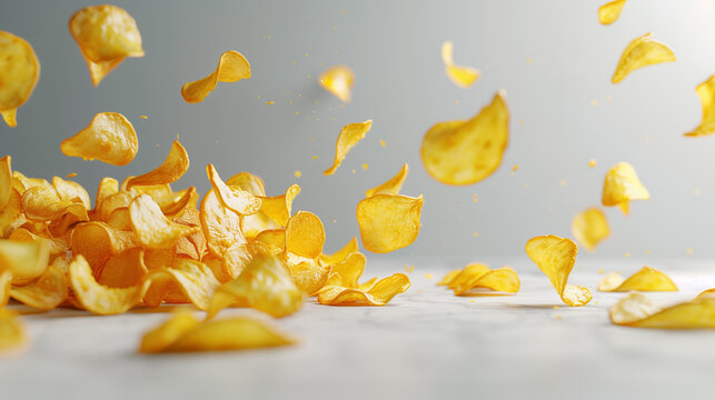 Natural potato chips isolated. Ridged potato chips isolated on white background with clipping path, collection. Delicious potato chips, isolated on white background. Hot Barbeque Potato Chips. Pile.