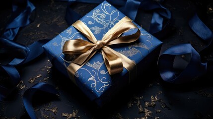 Wall Mural - elegant gift box blue ribbon