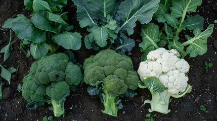 heads of green broccoli and white cauliflower arranged on the ground generative ai