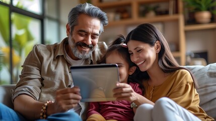 Wall Mural - Portrait of a happy Peruvian Latin family with Peruvian little daughter using a digital tablet : Generative AI