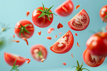 Wall Mural - Fresh, ripe red tomatoes, a healthy and versatile ingredient, isolated on a blue background