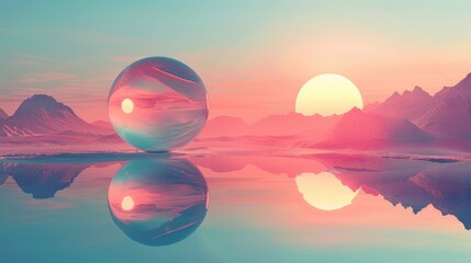 Wall Mural - Surrealistic landscape with an abstract sphere, sci-fi desert background, and a reflection of mountains in the water at sunset.