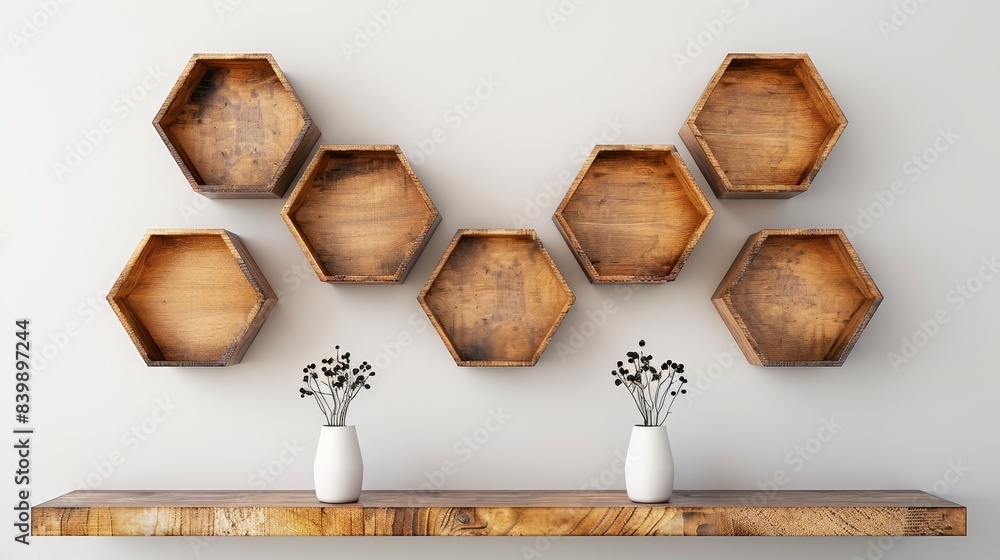 A wooden shelf with a variety of potted plants and vases on it. The ...