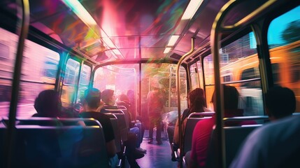 Poster - colorful blurred city bus interior