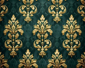 Wall Mural - Ornate Golden Damask Pattern on Emerald Green Luxury Background with Timeless Classic Design Concept